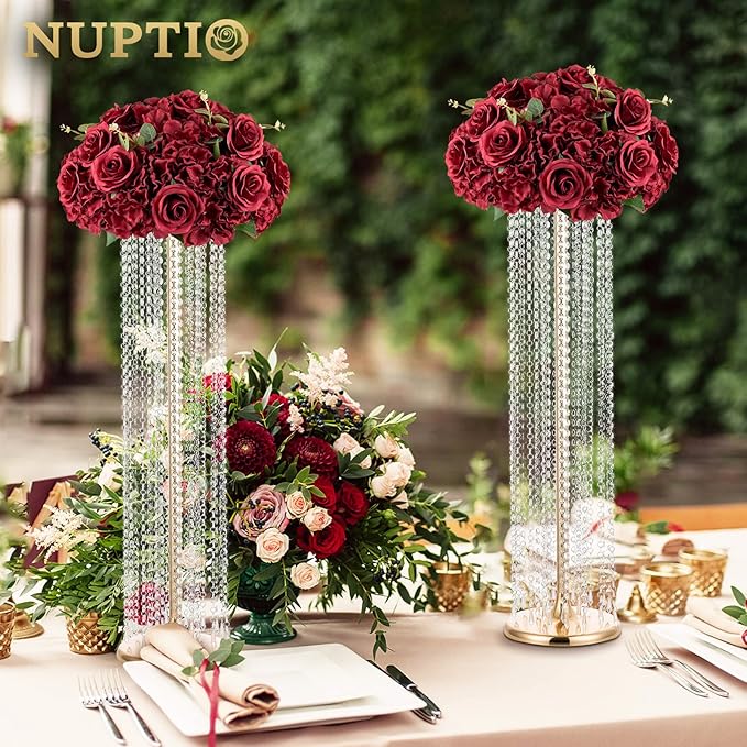 NUPTIO Flower Balls for Wedding Centrepieces - 10 Pcs 15.7 inch Diam Large Burgundy Artificial Flowers Roses Ball Fake Flower Arrangement Bouquet Faux Rose for Wedding Party Centrepiece Decorations