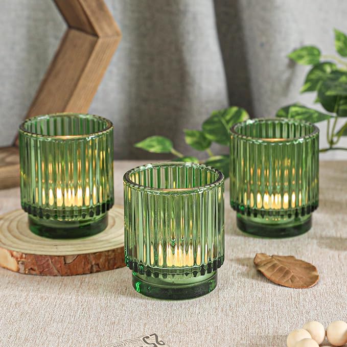 Vintage Ribbed Green Glass Tealight & Votive Candle Holders (Set of 6), Wedding Bridal Shower Party Table Decor, Fall Decor, Boho Decor, Shelf Decoration