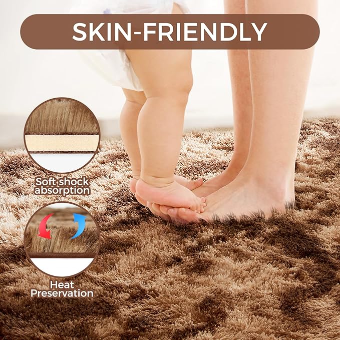 Ultra Soft Rug for Living Room, 4X6 Fluffy Shag Area Rug for Bedroom, Modern Shaggy Carpets Fuzzy Rug for Teens Dorm Nursery Home Decor Aesthetic, Upgrade Anti-Skid Durable, Tie-Dyed Coffee