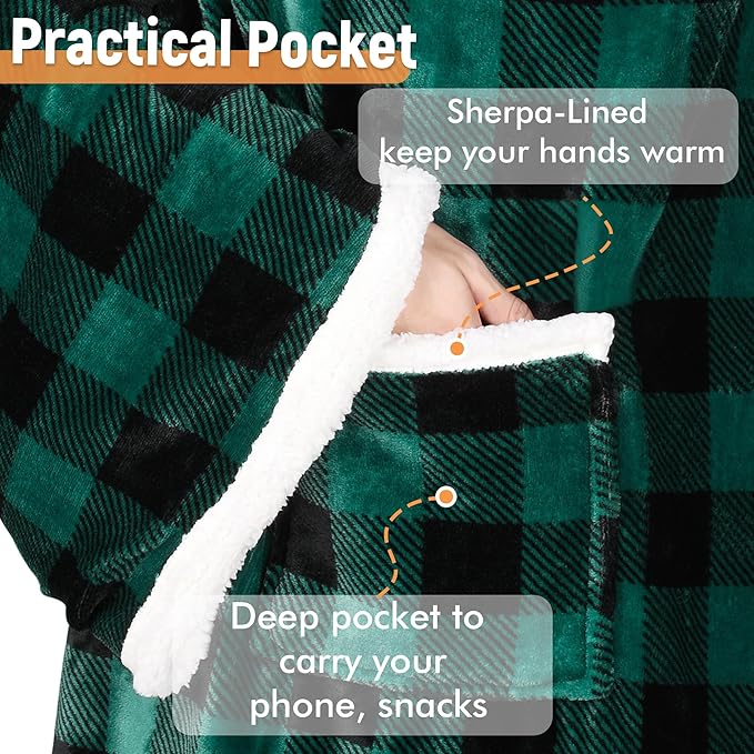 Catalonia Sherpa Wearable Blanket with Sleeves & Foot Pockets for Adult Women Men, Comfy Snuggly Wrap Sleeved Throw Blanket Robe, Gift Idea, Plaid Green, St. Patrick Gift