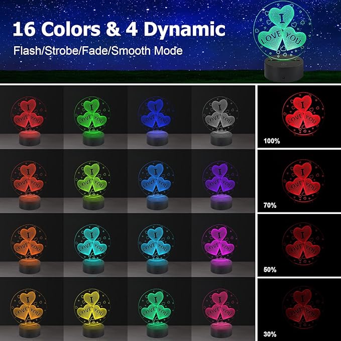 AZIMOM 3D I Love You Illusion lamp LOVE Shape Night Light 16Colors Changing Smart Touch Remote Control Optical Illusion Bedside Lamps Bedroom Home Decoration for Kids Boys & Girls Women Birthday Gifts