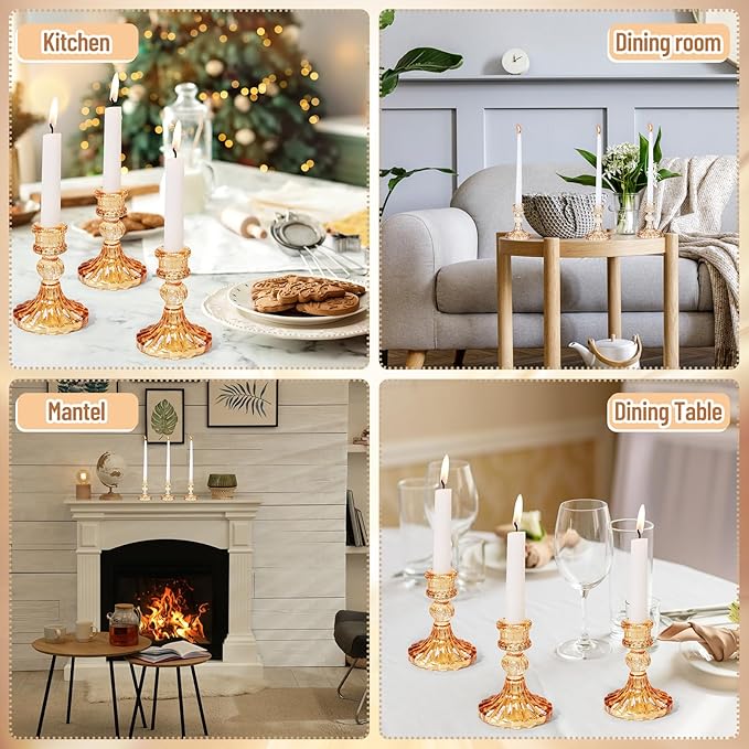 Suclain 24 Pcs Glass Taper Candle Holder Sets 12 Candlestick Holder with 12 White Long Candles for Wedding Party Decor Dinner Decoration(Amber)