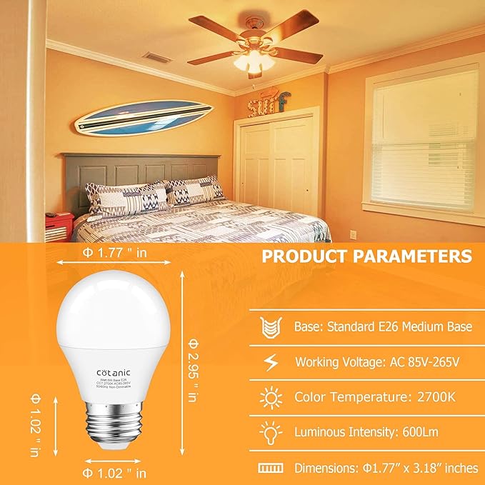 Cotanic 8 Pack LED Ceiling Fan Light Bulbs 2700K Warm White, A15 Small Bulb E26 Medium Screw Base, 6W Chandelier Light Bulb 60W Equivalent, 600lm, Non-Dimmable