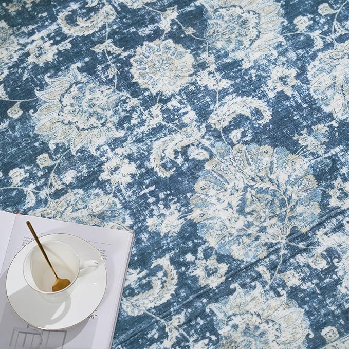 jinchan Round Rug 4ft Area Rug - Indoor Vintage Hallway Circle 4' Washable - Ultra-Thin Low Pile Soft Small Non Slip Distressed Floral Print for Living Room Dining Room Bedroom Entryway Dark Blue