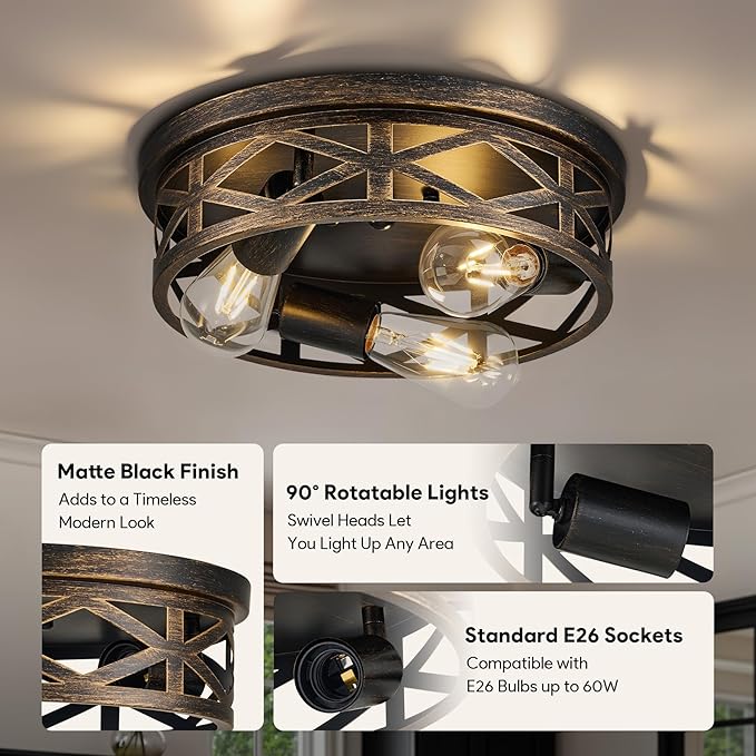VONLUCE Flush Mount Ceiling Lights, 3-Light Hallway Ceiling Lighting Fixtures, 13 inch Farmhouse Metal Cage Ceiling Lights for Entryway Kitchen, Adjustable Lamp Holders, 2 pcs, Oil-Rubbed Bronze
