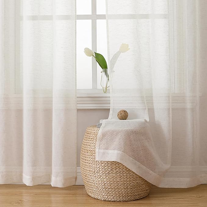 OWENIE Natural Linen Blend Sheer Curtains 72 inches Long 2 Panels Set for Bedroom, Light Filtering Farmhoues Door Curtain for Living Room Drapes, Each 40 W x 72 L