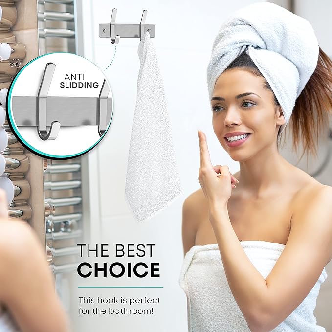 Small Coat Rack Wall Mount – Brushed Nickel 6 Inch Stainless Steel Hook Rail with 2 Heavy Duty Double Coat Hooks – Wall Mounted Coat Hanger for Entryway, Bathroom, Bedroom, Hat Organizer - 2 Pack