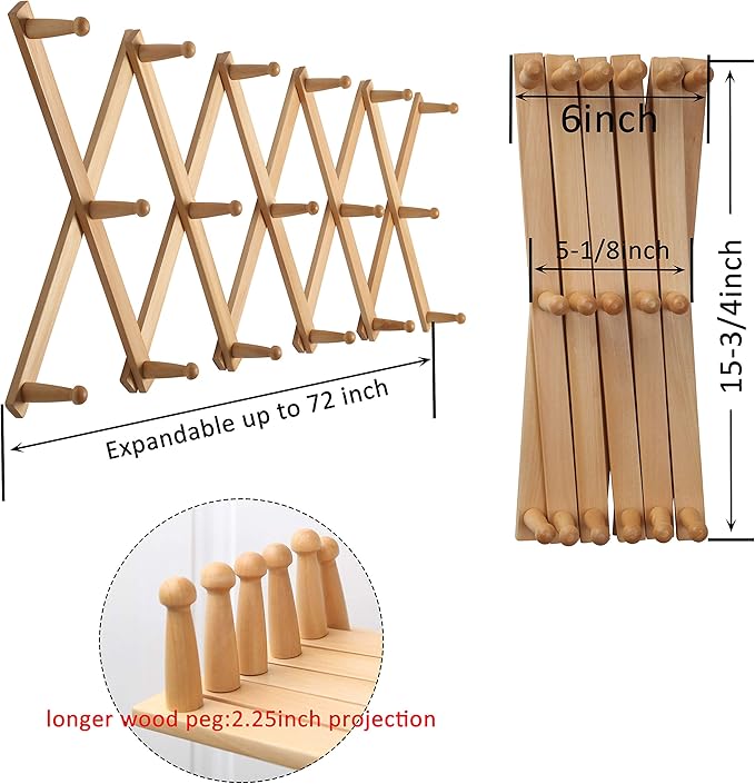 WEBI Accordion Wall Hanger,Expandable Wooden Hat Rack for Wall Mounted Coat Rack,Accordion Hat Hooks Holder for Baseball Caps,17 Peg Hooks,Natural