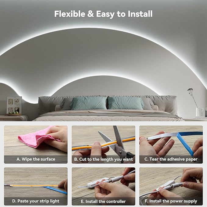 PAUTIX COB LED Strip Light Daylight White 6000K 16.4ft UL Listed CRI93+ Super Bright Dimmable 24V Flexible LED Tape Lights with RF Remote,for Cabinets Bedroom Mirror TV Office Decor DIY Lighting