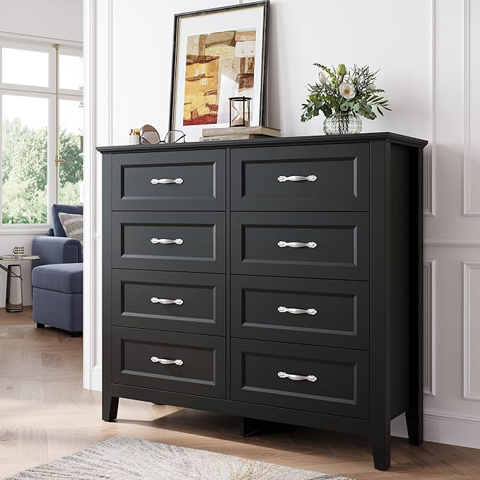 LINSY HOME 8 Drawers Dresser for Bedroom, Black Wood Dresser with Metal Handle, Farmhouse Tall Chest of Drawers with 1 pcs Fabric Divider Organizer, Storage Organizer for Living Room, Closet, Hallway