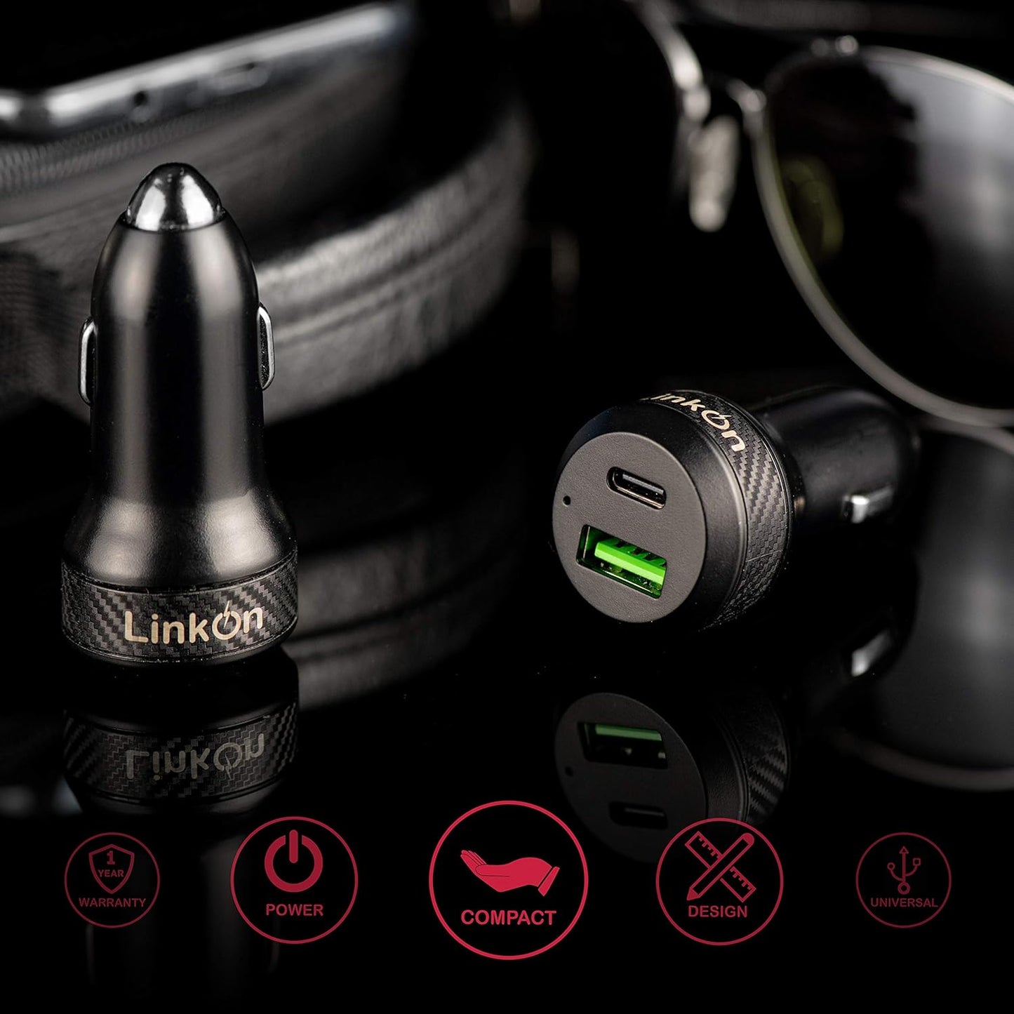 LinkOn 45W Car Charger with 27W USB-C PD3.0 & 18W USB-A QC3.0 for iPhone Xs/Max/XR/X, iPad, Samsung Galaxy, Pixel,
