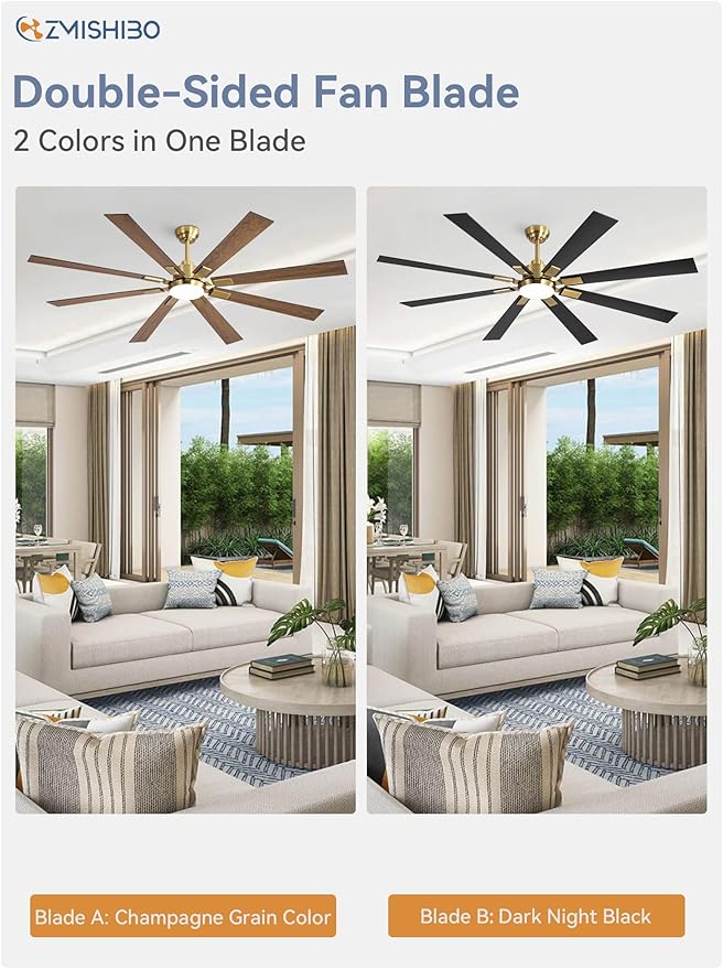 ZMISHIBO 72 inch Black and Gold Ceiling Fans with Lights and Remote, Indoor/Outdoor Ceiling Fan for Patio Living Room, 6 Speed Reversible Quiet DC Motor, 3 CCT, Dual Finish Blades