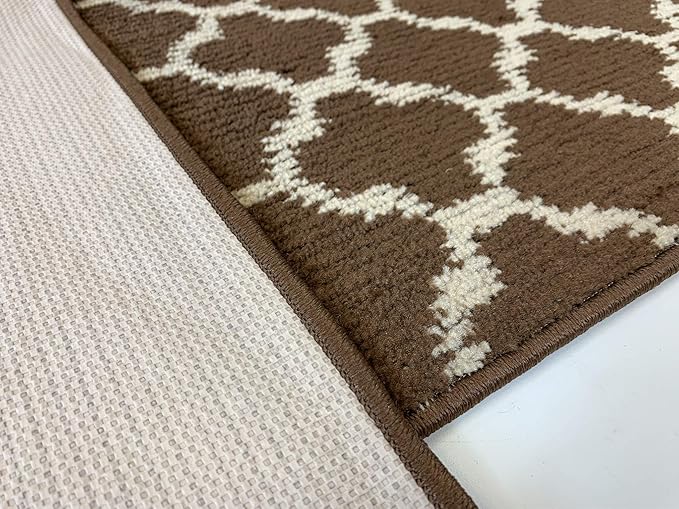 Custom Size Cut to Length Moroccan Trellis Design Runner Rug Mat For Wide Long Hallways with Non-Slip Rubber Backing, Better Traction for Pets, Prevent Slippage, Trellis Brown, 31 inch X 13 feet