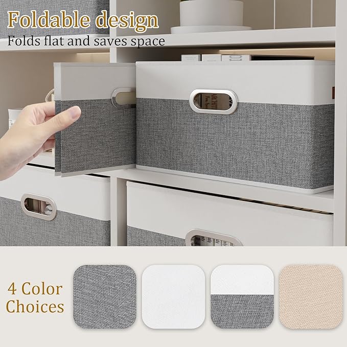 Yawinhe Fabric Storage Bins with Handles, Foldable Baskets for Shelves, Cubes with 3 Handles, Large Boxes for Clothes, White/Grey, 16.9''Lx11.8''Wx10.2''H, 4-Pack