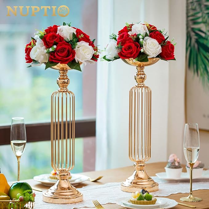 NUPTIO Pcs of 10 Fake Flower Ball Arrangement Bouquet,15 Heads Plastic Roses with Base, Suitable for Our Store's Wedding Centerpiece Flower Rack for Parties Valentine's Day Home Décor (Red & White)