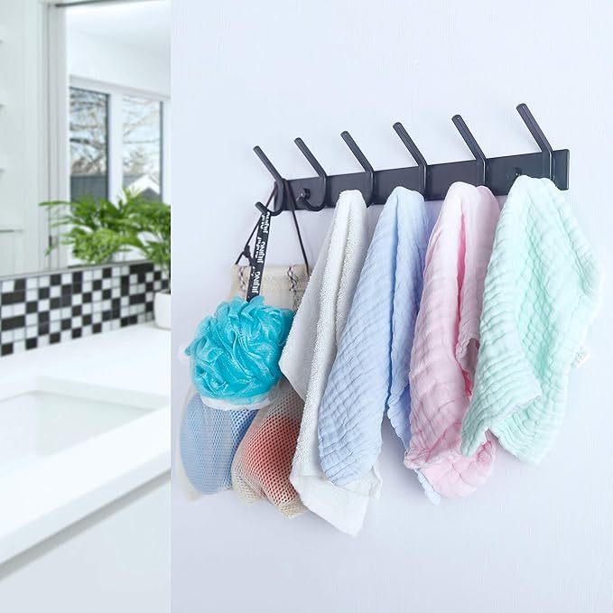 WEBI Coat Rack Wall Mounted,8 Hooks for Hanging Coats,Hook Rack Hook Rail Coat Hanger Wall Mount for Backpack,Clothes,Jacket,Black,2 Packs