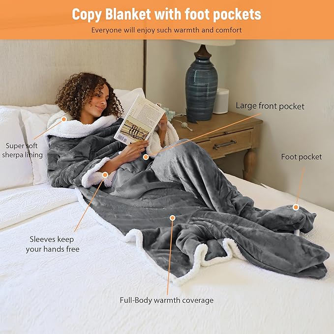 Catalonia Sherpa Wearable Blanket with Sleeves & Foot Pockets for Adult Women Men, Comfy Snuggly Wrap Sleeved Throw Blanket Robe, Gift Idea, Grey