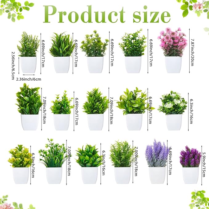 Mimorou 16 Pcs Small Fake Plants Mini Artificial Potted Plants Faux Pot Flowers Indoor Plastic Eucalyptus Greenery for Home Bathroom Living Room Office Decor