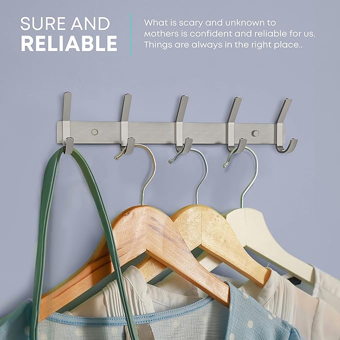 Coat Rack Wall Mount – Brushed Nickel 15 Inch Stainless Steel Hook Rail with 5 Heavy Duty Double Coat Hooks – Wall Mounted Coat Hanger for Entryway, Bathroom, Bedroom, Towel, Hat Organizer