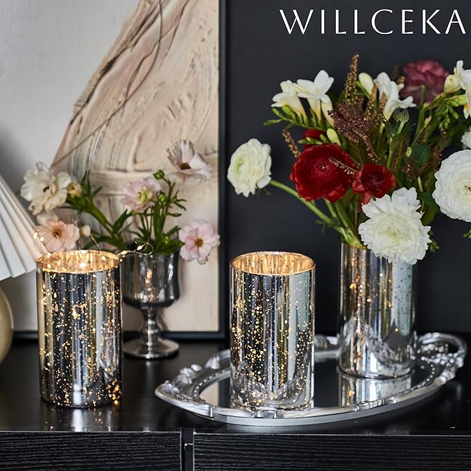 Silver Candle Holder Hurricane Candle Cylinder Vases for Centerpieces Set of 6 for Wedding Table Centerpiece