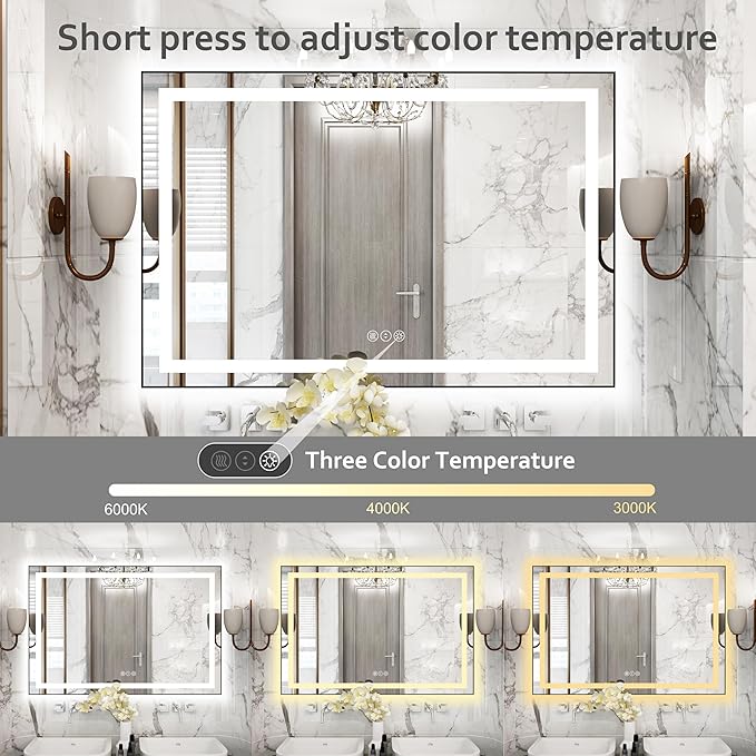 48"x 32" LED Bathroom Mirror with Black Frame, Bathroom Mirror with Lights Front and Backlit, Lighted Mirror Stepless Dimmable, Anti-Fog, Memory, LED Vanity Mirror with Lights 3 Colors