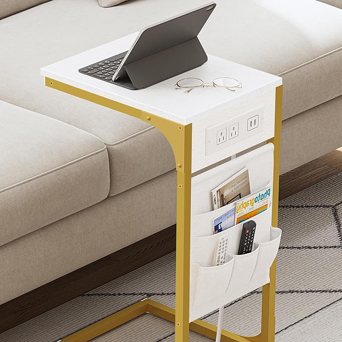 TUTOTAK C Shaped End Table with Charging Station, Side Table for Sofa, Couch Table with Storage Bag, TV Tray Table with 2 USB Ports and Outlets for Living Room, Bedroom, White and Gold TB01BWG024