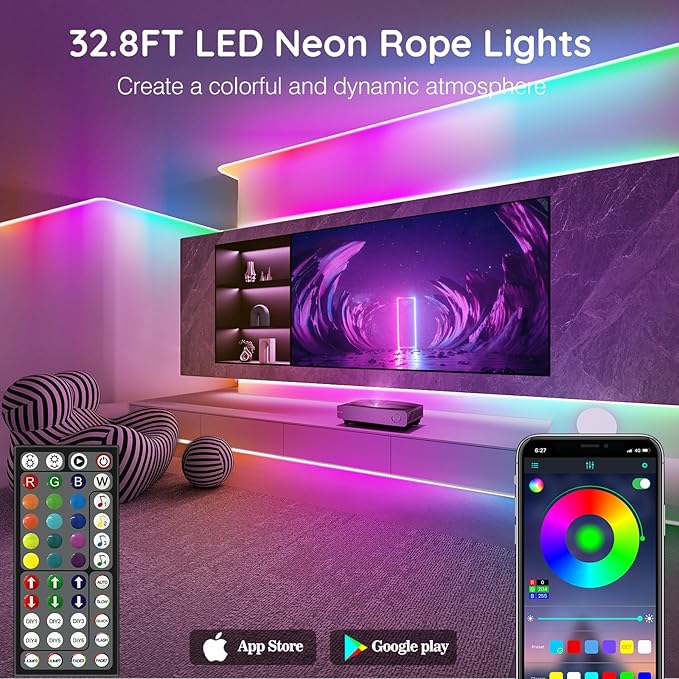 SINLEY Led Neon Rope Lights,Control with App/Remote,Flexible Led Rope Lights,Multiple Modes,IP68 Outdoor RGB Neon Lights Waterproof,Music (32.8FT)