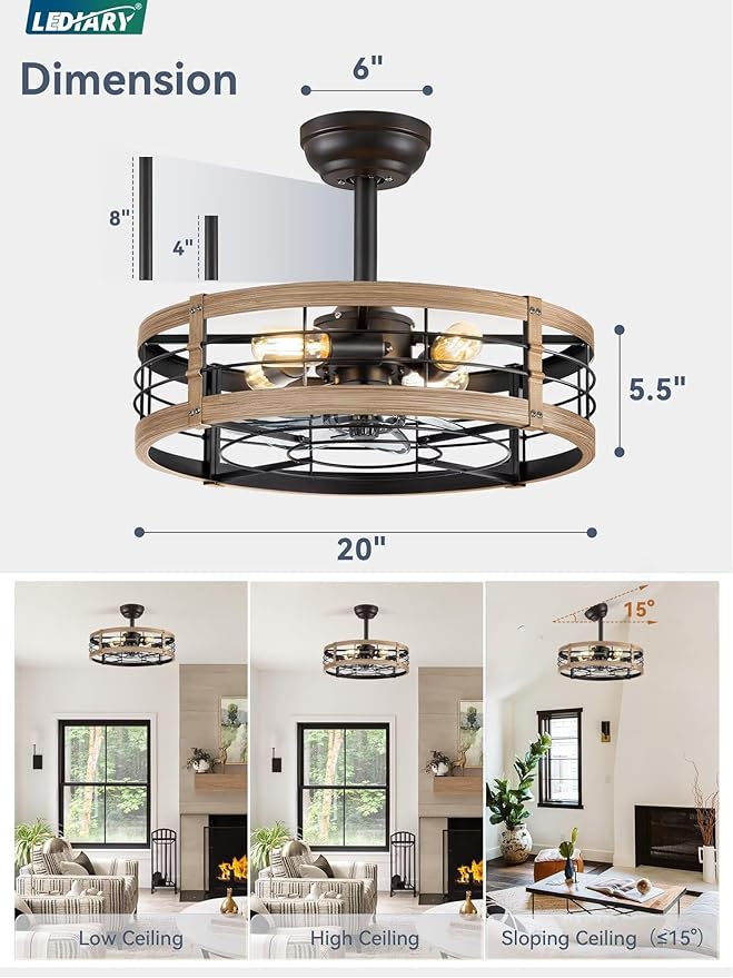 LEDIARY 20 Inch Fandelier Caged Ceiling Fan with Light, Bladeless Ceiling Fan with Remote, Small Farmhouse Fan Lights Ceiling Fixtures for Kitchen, Bedroom-Brown