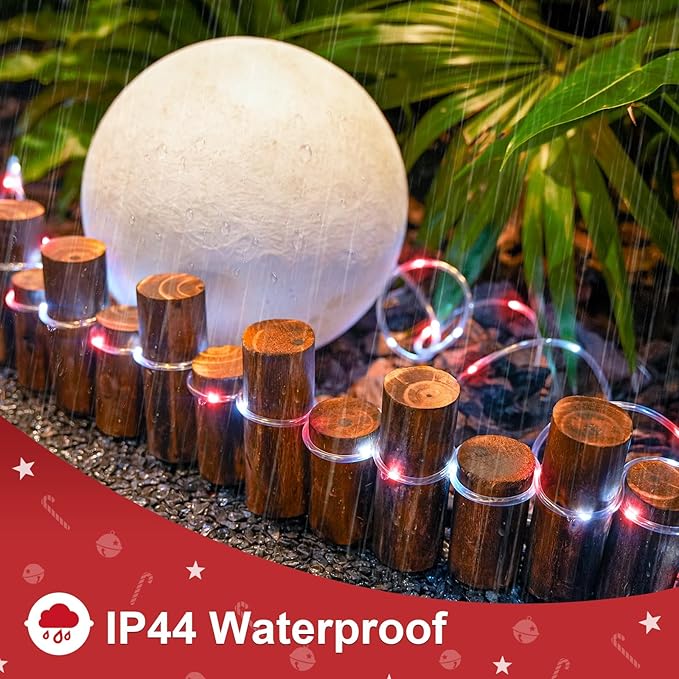 JMEXSUSS 2 Pack Rope Lights Battery Operated Christmas Lights Outdoor Waterproof, Total 200LED 66ft 8Mode Battery Powered String Lights with Remote, Red and White Rope Lights for Christmas Decor