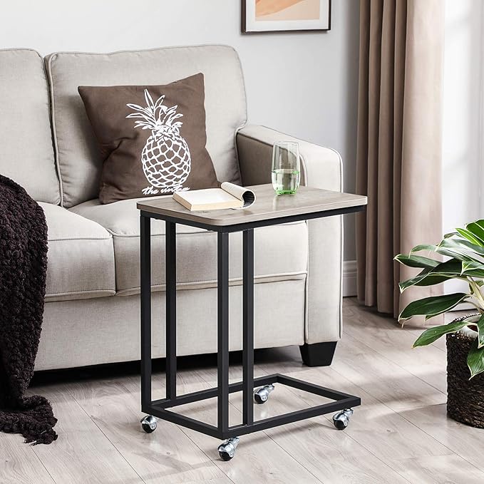 VASAGLE End Table, C Shaped TV Tray with Metal Frame Rolling Casters, Industrial Side Table for Living Room Bedroom, 19.7 x 13.8 x 23.6 Inches, Greige and Black