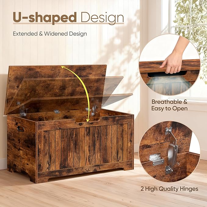 Wooden Storage Chest Box with Flip-top Lid & Safety Hinge, 39.4 Inch Living Room Organizer, Bedroom Bench, Rustic Brown