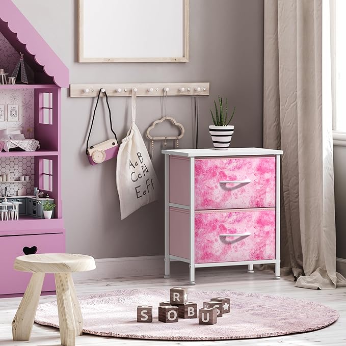 Sorbus Nightstand with 2 Drawers - Kids Bedside Furniture End Table Night Stand - Steel Frame, Wood Top & Easy Pull Fabric Bins - Dresser & Chest for Home, Bedroom Accessories, Office & College Dorm