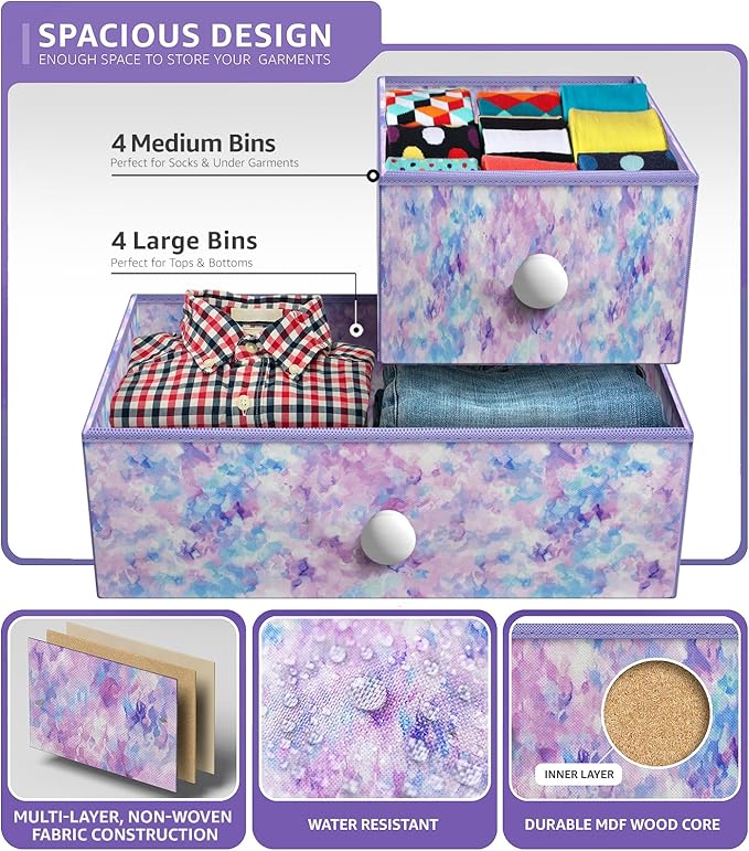 Sorbus Fabric Dresser for Kids Bedroom - Chest of 8 Drawers, Storage Tower, Clothing Organizer, for Closet, for Playroom, for Nursery, Steel Frame, Fabric Bins - Knob Handle (Tie-dye Purple)