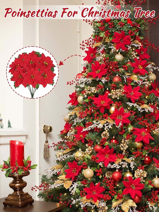 Christmas Decorations - 12 Pack Poinsettias Artificial Christmas Flowers, Fake Red Velvet Artificial Poinsettias Flowers for Christmas Tree Home Party Porch Yard Indoor Outdoor Decor