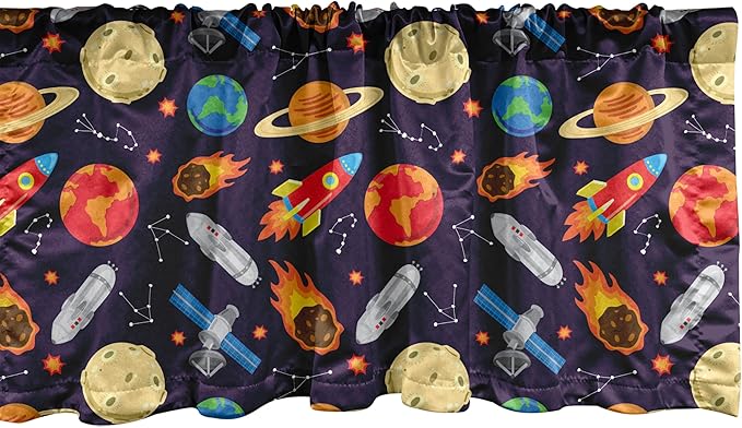 Ambesonne Space Window Valance, Universe Themed Illustration with Earth Moon Constellations Saturn Rockets Stars, Curtain Valance for Kitchen Bedroom Decor with Rod Pocket, 42" x 12", Dark Night Blue