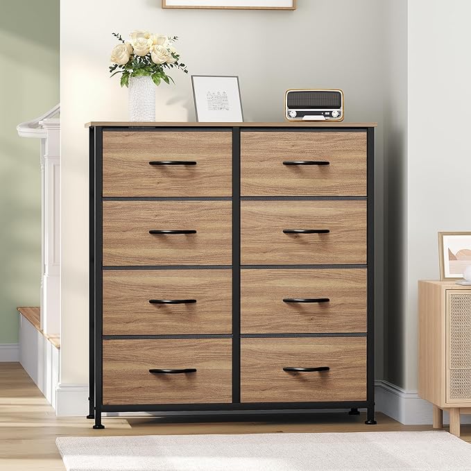 YITAHOME Dresser with 8 Drawers - Fabric Storage Tower, Organizer Unit for Living Room, Hallway, Closets - Sturdy Steel Frame, Wooden Top & Easy Pull Fabric Bins, Burlywood Grain