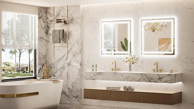 Keonjinn Bathroom LED Mirror 30 x 30 Inch Frontlit and Backlit, Tempered Glass Stepless 3 Colors Temperature & Dimmable Square Wall Mirror, UL Listed LED Driver, Double LED Strips, Anti-Fog