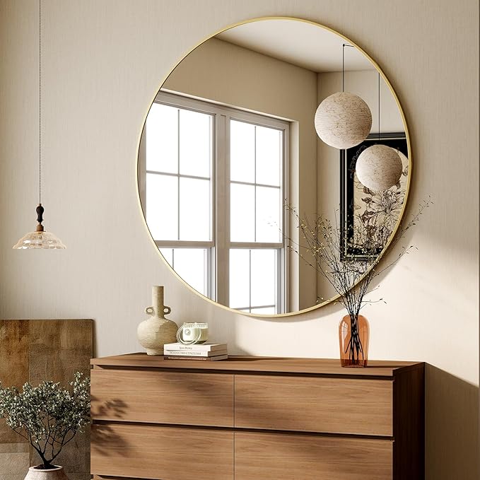 HARRITPURE 48 Inch Round Mirror, Gold Circle Bathroom Mirror, Modern Aluminum Alloy Frame Large Vanity Wall Mirror for Living Room, Bedroom, Entryway
