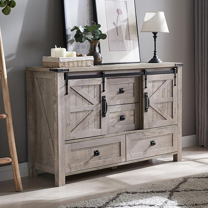 T4TREAM 48'' Farmhouse Dresser for Bedroom w/4 Drawers & Sliding Barn Doors, Tall Chest of Drawers, Rustic Dresser TV Stand w/Shelf, Organizer for Bedroom, Living Room, Foyer,Light Rustic Oak