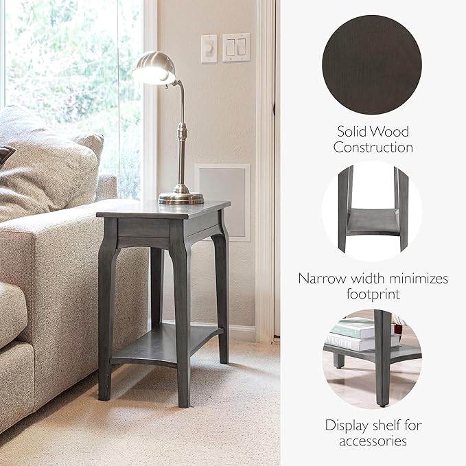 Stratus Solid Wood Narrow Side End Table with Shelf, Smoke Gray, Perfect for Living Rooms, Bedrooms, and Small Spaces – Leick Home, 22005-GR
