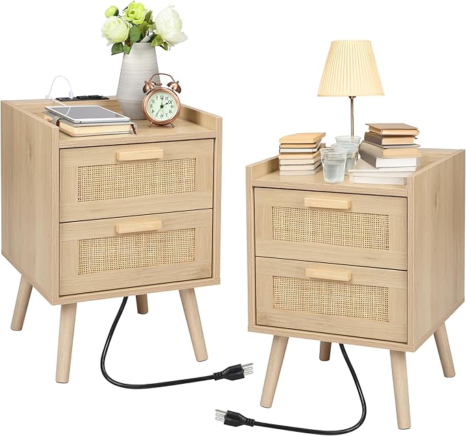 Finnhomy Nightstand with Charging Station, Bedside Table with 2 Hand Made Rattan Decorated Drawers, Night Stand with Storage for Bedroom, Natural, Set of 2