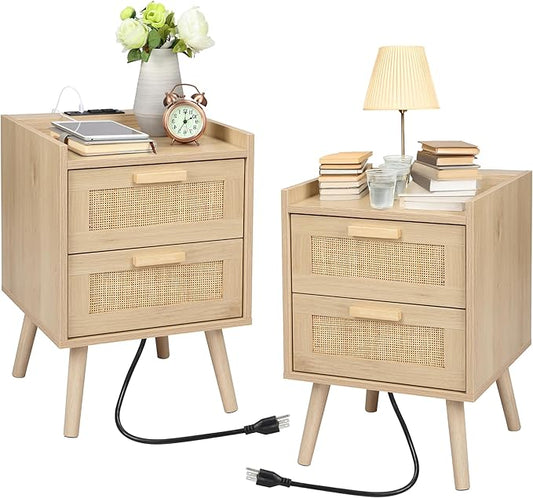 Finnhomy Nightstand with Charging Station, Bedside Table with 2 Hand Made Rattan Decorated Drawers, Night Stand with Storage for Bedroom, Natural, Set of 2