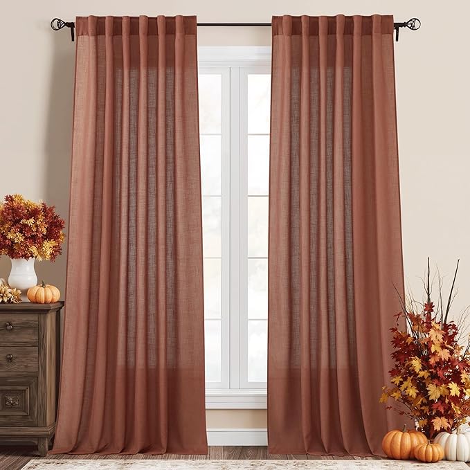 RYB HOME Terracotta Curtains Linen Blend Drapes, Semi Sheer Light Filtering Privacy UV Protection Shades for Farmhouse Living Room, Hotel, Sliding Glass Doors, W 52 x L 95 inch Long, 2 Panels