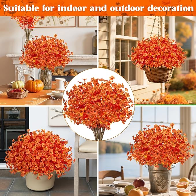 Ouddy Decor 24 Bundles Artificial Fall Flowers for Outdoors, Fake Mums Silk Flowers UV Resistant Faux Plastic Plants for Garden Porch Farmhouse Fall Autumn Harvest Thanksgiving Home Decor, Orange