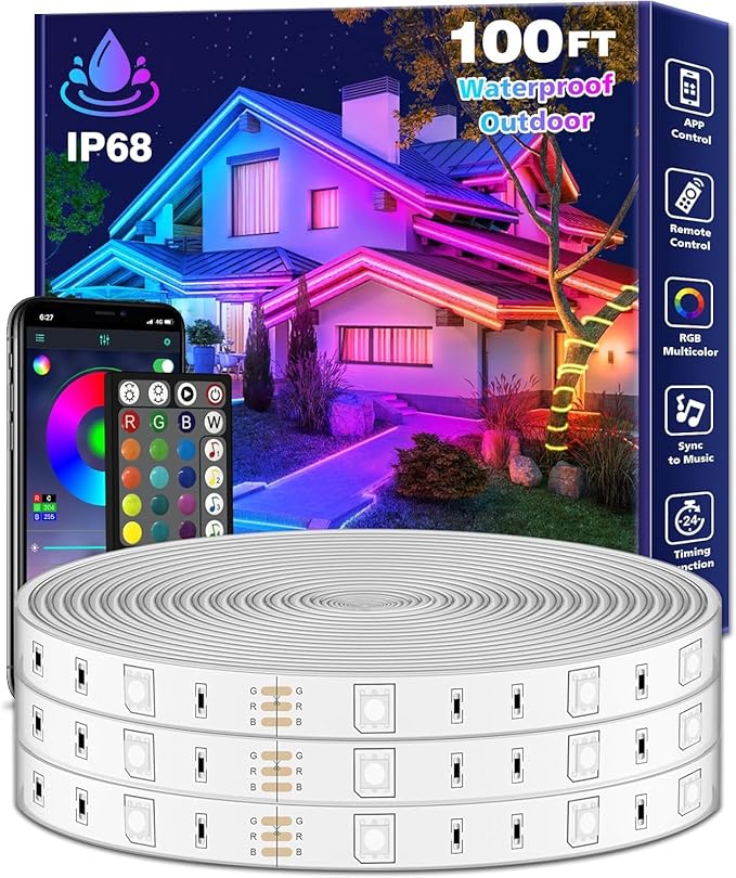 FBZ 100Ft Outdoor Waterproof LED Strip Lights,Music Sync RGB IP65 Led Lights with App Control and Remote,Color Changing Waterproof Led Rope Lights for Outdoor,Balcony,Roof,Garden,Stairs Party