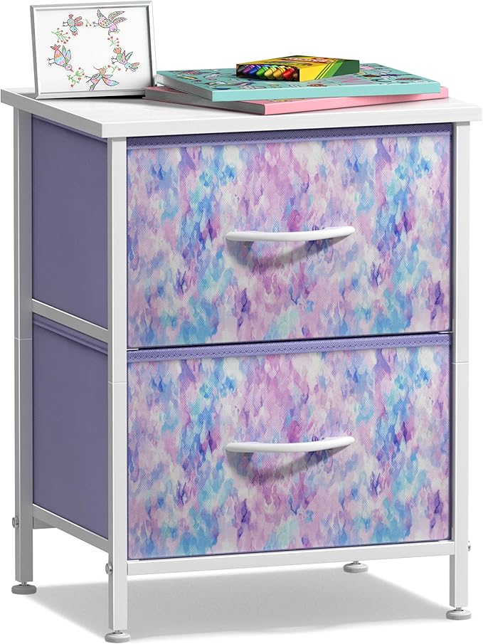 Sorbus Nightstand with 2 Drawers - Kids Bedside Furniture End Table Night Stand - Steel Frame, Wood Top & Easy Pull Fabric Bins - Dresser & Chest for Home, Bedroom Accessories, Office & College Dorm