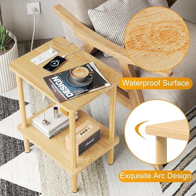 Apicizon 2 Tier End Table, Small Side Table with Charging Station, Boho Bedside Table with USB Ports and Outlets, Nightstand for Small Spaces, Bedroom, Living Room, Entryway, Easy Assembly, Natural