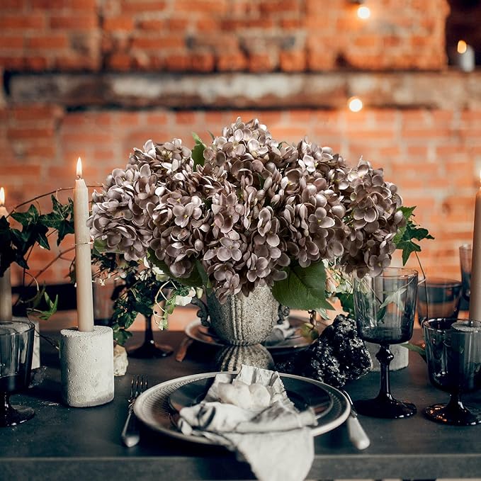 8 Pcs 18 Inch Hydrangea Artificial Flowers Faux Hydrangea Flowers with Stems Fake Bouquet Bulk Realistic Floral for Fall Home Table Christmas Indoor Outdoor Decoration(Coffee Brown)