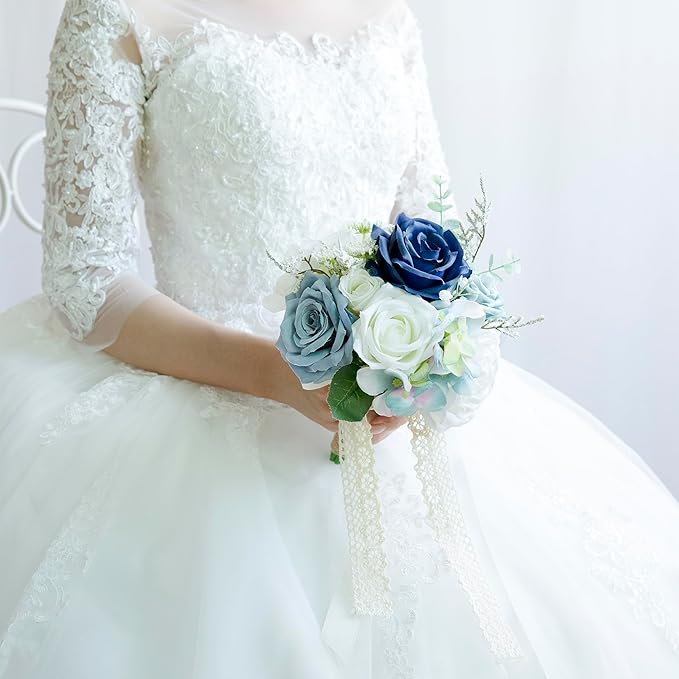 Wedding Bouquets for Bride Bridesmaid, Artificial Dusty Blue Bride Flower Bouquet for Wedding Church Decoration Ceremony, Anniversary, etc, Roses Flowers