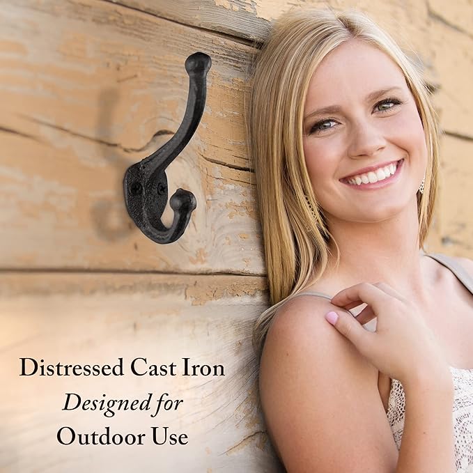 Rustic Cast Iron Coat Hooks (5 Pack) Wall Mounted Farmhouse Decorative Wall Hooks, Vintage Hooks for Hanging Coats, Bags, Hats, Towels (Antique Black, Includes Hardware)